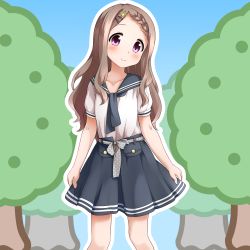 Rule 34 | 10s, 1girl, aoba kokona, blush, braid, braided bangs, brown hair, casual, faubynet, hair ornament, hairclip, highres, long hair, looking at viewer, outline, red eyes, skirt, smile, solo, wavy hair, white outline, yama no susume