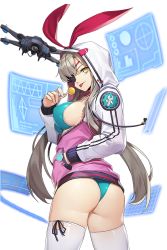Rule 34 | 1girl, animal ears, animal hood, ass, bikini, blonde hair, blue bikini, breasts, candy, dr. oz (soccer spirits), drone, eyepatch, food, from behind, holographic monitor, hood, jacket, lollipop, long hair, looking at viewer, medium breasts, official art, rabbit ears, shiny clothes, shiny skin, smile, soccer spirits, swimsuit, thighhighs, thong, tongue, tongue out, transparent background, vakasatang, very long hair, yellow eyes