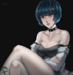Rule 34 | 10s, 1girl, bare shoulders, blue hair, bowl cut, breasts, brown eyes, choker, cleavage, collar, collarbone, crossed legs, highres, lab coat, large breasts, looking at viewer, nail polish, parted lips, persona, persona 5, ragecndy, short hair, simple background, sitting, solo, studded collar, takemi tae