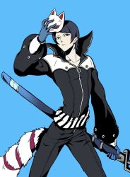 Rule 34 | 1boy, bishounen, black bodysuit, black hair, blue background, blue eyes, blue gloves, bodysuit, closed mouth, fox mask, fox tail, frown, gloves, holding, holding mask, holding sheath, igusaharu, kitagawa yuusuke, limited palette, long sleeves, looking at viewer, male focus, mask, parted bangs, persona, persona 5, sheath, sheathed, short hair, simple background, solo, sword, tail, weapon