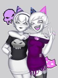 Rule 34 | 2girls, black lips, breasts, dress, hat, headband, homestuck, imnotlole, multiple girls, nail polish, non-web source, open mouth, party hat, purple dress, rose lalonde, roxy lalonde, small breasts, source request