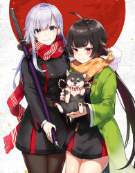 Rule 34 | 2girls, ahoge, arisaka ako, black dress, black hair, black legwear, blunt bangs, blush, buttons, chinese zodiac, closed mouth, cowboy shot, dog, double-breasted, dress, grey eyes, happy new year, holding, holding sword, holding weapon, katana, looking at viewer, low ponytail, military, military uniform, multiple girls, new year, original, pantyhose, parted lips, purple eyes, red eyes, red scarf, scarf, sheath, sheathed, short dress, sidelocks, silver hair, smile, sword, thick eyebrows, thighs, uniform, weapon, year of the dog