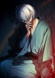 Rule 34 | 1boy, amatsuji, arm at side, blue kimono, cigarette, collarbone, commentary request, darkness, feet out of frame, fingernails, gegege no kitarou, grey hair, hair over one eye, hand up, highres, holding, holding cigarette, japanese clothes, kimono, kitarou tanjou: gegege no nazo, leaning forward, long sleeves, looking at viewer, male focus, medama oyaji (human), messy hair, one eye covered, red eyes, short hair, sidelighting, signature, sitting, smoke, smoking, solo, wide-eyed, wide sleeves