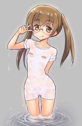 Rule 34 | 10s, 1girl, absurdres, bandaid, bandaid on pussy, bandaids on nipples, blonde hair, blush, breasts, brown eyes, collarbone, female focus, girls und panzer, glasses, highres, insight, naked shirt, navel, no bra, no panties, oono aya, pasties, see-through, shirt, small breasts, smile, solo, twintails, v, water, wet, wet clothes