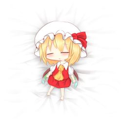 Rule 34 | 1girl, absurdres, arms at sides, ascot, bed sheet, blonde hair, blush stickers, chibi, crystal, dress, flandre scarlet, hat, highres, lying, mob cap, on back, red dress, shopon, short hair, skirt, skirt set, sleeping, solo, touhou, wings