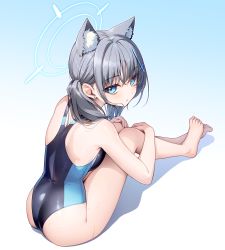Rule 34 | 1girl, akabino, animal ear fluff, animal ears, barefoot, black one-piece swimsuit, blue archive, blue background, blue eyes, blue halo, competition swimsuit, cross hair ornament, extra ears, from behind, gradient background, grey hair, hair ornament, halo, highres, looking at viewer, low ponytail, medium hair, mismatched pupils, multicolored clothes, multicolored swimsuit, one-piece swimsuit, shiroko (blue archive), shiroko (swimsuit) (blue archive), sitting, solo, swimsuit