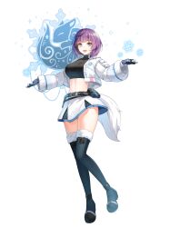 Rule 34 | 1girl, :d, aeri (closers), aqua eyes, belt, belt pouch, black gloves, black shirt, black thighhighs, boots, breasts, closers, crop top, cropped jacket, fox tail, full body, fur trim, gloves, highres, jacket, large breasts, long sleeves, looking at viewer, midriff, miniskirt, mole, mole under mouth, navel, official art, open clothes, open jacket, open mouth, outstretched arms, pouch, purple hair, ribbed shirt, shirt, short hair, skirt, smile, solo, stomach, tail, taut clothes, taut shirt, thigh boots, thighhighs, thighs, turtleneck, white jacket, white skirt, zettai ryouiki