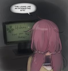 4chan, computer, desk, drawfag, english text, from behind, grey theme, hair tie, indoors, monitor, pink hair, shiny, shiny hair, speech bubble, talking, twintails