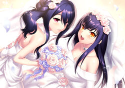 Rule 34 | 2022, 2girls, :d, alternate costume, back, bare shoulders, black hair, blush, bouquet, breasts, bridal gauntlets, cleavage, collarbone, commentary request, company connection, crossover, dated, dress, dutch angle, eyelashes, floating hair, flower, hair between eyes, hair flower, hair ornament, highres, holding, holding bouquet, izanami kyouko, kamisama ni natta hi, key (company), kushima kamome, large breasts, lips, long hair, look-alike, looking at viewer, multiple girls, open mouth, pink eyes, pink flower, pink rose, rose, round teeth, second-party source, sidelocks, simple background, skull ornament, smile, sparkle, straight hair, strapless, strapless dress, summer pockets, teeth, upper body, upper teeth only, very long hair, wavy hair, wedding dress, white background, white dress, yellow eyes, zen (kamuro)