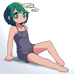 Rule 34 | 1girl, alternate costume, antennae, barefoot, blush, camisole, closed mouth, commentary request, expressionless, flat chest, full body, green eyes, green hair, grey camisole, grey shorts, highres, looking at viewer, short hair, shorts, sitting, solo, swept bangs, touhou, ugif, white background, wriggle nightbug