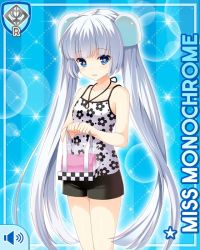 Rule 34 | 1girl, :o, black shorts, blue background, blue eyes, blunt bangs, card, character name, girlfriend (kari), miss monochrome, miss monochrome (character), official art, open mouth, qp:flapper, shirt, shorts, solo, tagme, twintails, white hair, white shirt, workout clothes