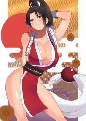 Rule 34 | 1girl, akisu k, bare shoulders, black hair, breasts, cleavage, fatal fury, high ponytail, large breasts, long hair, ninja, pelvic curtain, ponytail, shiranui mai, sleeveless, snk, the king of fighters, wide hips
