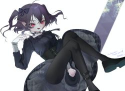 Rule 34 | 1girl, commission, corset, female focus, frills, glowing, glowing eyes, gothic lolita, highres, lolita fashion, looking at viewer, original, pale skin, pantyhose, pointy ears, purple eyes, red eyes, ribbon, rika roseingrave, simple background, smile, solo, thighs, vampire