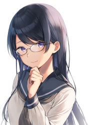 Rule 34 | 1girl, black-framed eyewear, black hair, black neckwear, black sailor collar, breasts, closed mouth, commentary request, glasses, long hair, long sleeves, looking at viewer, midorikawa you, original, purple eyes, purple hair, sailor collar, shirt, simple background, small breasts, smile, solo, swept bangs, upper body, very long hair, white background, white shirt