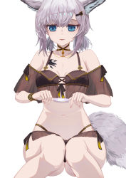 Rule 34 | 1girl, absurdres, animal ears, aquarius cat, arknights, bandaid, bare shoulders, bikini, black bikini, blue eyes, breasts, cleavage, feet out of frame, fox ears, fox tail, grey hair, highres, holding, holding bandaid, looking at viewer, material growth, navel, off-shoulder bikini, off shoulder, official alternate costume, oripathy lesion (arknights), parted lips, short hair, short sleeves, simple background, sitting, small breasts, smile, solo, stomach, sussurro (arknights), sussurro (summer flower) (arknights), swimsuit, tail, white background