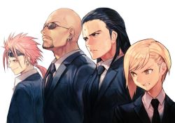 Rule 34 | 1girl, 3boys, bald, black hair, black jacket, black neckwear, blonde hair, closed mouth, collared shirt, earrings, elena (ff7), facial hair, facial mark, final fantasy, final fantasy vii, forehead mark, formal, goggles, goggles on head, hungry clicker, jacket, jewelry, lapels, long hair, multiple boys, necktie, notched lapels, parted lips, red hair, reno (ff7), rude (ff7), scowl, shirt, short hair, simple background, smile, square enix, suit, sunglasses, tseng, turks (ff7), upper body, white background, white shirt