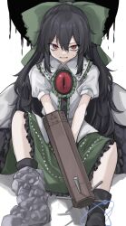 Rule 34 | 1girl, absurdres, arm cannon, black footwear, black hair, bow, buttons, center frills, collared shirt, frilled skirt, frills, green bow, green skirt, hair between eyes, hair bow, highres, hisha (kan moko), long hair, open mouth, puffy short sleeves, puffy sleeves, red eyes, reiuji utsuho, shirt, shoes, short sleeves, skirt, solo, third eye, touhou, weapon, white shirt