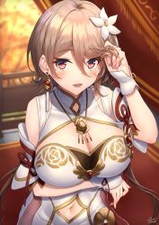 Rule 34 | breasts, cleavage, cleavage cutout, clothing cutout, commentary, earrings, eyelashes, flower, hair flower, hair ornament, honkai (series), honkai impact 3rd, jewelry, large breasts, lips, mole, mole under eye, navel, navel cutout, necklace, red eyes, rita rossweisse, rita rossweisse (artemis), rita rossweisse (maid of celestia), short hair, shoulder cutout, smile, solo, xfate