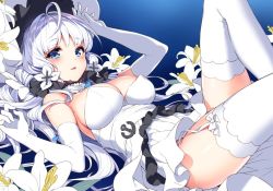Rule 34 | 1girl, azur lane, bad id, bad twitter id, bare shoulders, blue eyes, blush, breasts, cleavage, daffodil, detached collar, dress, elbow gloves, flower, garter straps, gloves, hat, illustrious (azur lane), large breasts, lily (flower), long hair, looking at viewer, lying, mole, mole under eye, nardack, on back, parted lips, short dress, solo, thighhighs, unfinished, very long hair, white dress, white gloves, white hair, white thighhighs
