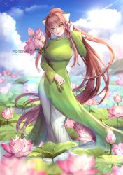 Rule 34 | 1girl, adjusting hair, artist name, axis powers hetalia, blue sky, breasts, brown hair, cloud, commentary, commission, cosplay, day, doki doki literature club, dress, english commentary, flower, flower request, full body, green dress, green eyes, hair ribbon, hand up, highres, large breasts, long dress, long hair, long sleeves, looking at viewer, monika (doki doki literature club), outdoors, pants, pants under dress, ponytail, potetos7, ribbon, sky, smile, solo, very long hair, vietnam (hetalia), vietnam (hetalia) (cosplay), vietnamese dress, wading, water, white pants, white ribbon