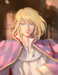 Rule 34 | 1boy, artist name, blonde hair, blouse, blurry, blurry background, blurry foreground, cape, clivenzu, closed mouth, depth of field, earrings, hair between eyes, highres, howl (howl no ugoku shiro), howl no ugoku shiro, jewelry, light smile, long hair, looking at viewer, male focus, pink cape, purple eyes, shirt, solo, white shirt