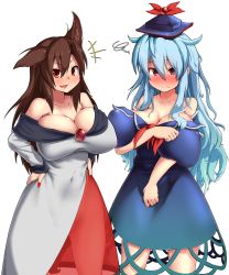 Rule 34 | +++, 2girls, :/, :d, animal ears, bare shoulders, blue hair, blush, bow, breast hold, breasts, brooch, brown hair, cleavage, collarbone, commentary request, dress, embarrassed, fingernails, full-face blush, hair bow, hands on own hips, hat, highres, huge breasts, imaizumi kagerou, jewelry, kamishirasawa keine, long hair, long sleeves, looking at viewer, multiple girls, navel, open mouth, peso (cheese company), red eyes, ribbon, sagging breasts, see-through, simple background, smile, tail, touhou, white background, wide sleeves, wolf ears, wolf tail