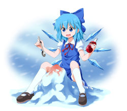 Rule 34 | &gt;:d, 1girl, :d, black footwear, blue eyes, blue hair, blue skirt, bottle, bow, cirno, hair bow, holding, holding spoon, ice, kneehighs, large bow, mary janes, matching hair/eyes, open mouth, puffy sleeves, ruu (tksymkw), shoes, sitting, skirt, smile, socks, solo, spoon, syrup, touhou, v-shaped eyebrows, white socks
