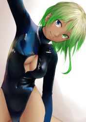 Rule 34 | 1girl, arm up, athletic leotard, bare legs, blue eyes, breasts, cleavage cutout, closed mouth, clothing cutout, commentary request, dark-skinned female, dark skin, green eyes, green hair, head tilt, heterochromia, highleg, highleg leotard, highres, kilye kairi, leaning to the side, leotard, looking at viewer, medium breasts, original, shiny clothes, solo, tan
