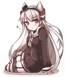 Rule 34 | 10s, 1girl, amatsukaze (kancolle), blush, garter straps, kantai collection, long hair, looking at viewer, ohitashi netsurou, silver hair, simple background, solo, striped clothes, striped thighhighs, thighhighs, very long hair, white background