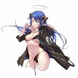 Rule 34 | 1girl, 3:, aqua eyes, arknights, bikini, bikini under clothes, black bikini, blue hair, breasts, cleavage, closed mouth, contrapposto, cowboy shot, cropped legs, fur trim, halo, highres, horns, jacket, long hair, looking at viewer, medium breasts, mostima (arknights), navel, open clothes, open jacket, simple background, solo, strap lift, string bikini, sweat, swimsuit, third-party source, untied bikini, white background, xion32
