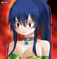 Rule 34 | 1girl, artist name, blue hair, breasts, choker, cleavage, closed mouth, dripping, eden&#039;s zero, frown, highres, homura kogetsu, hot, lips, long hair, ponytail, red background, red eyes, redrawn, sharknex, sharknex01, sweat, nervous sweating, trembling, upper body