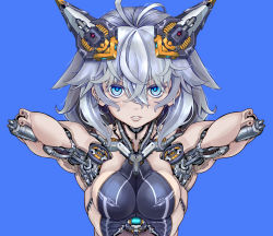 Rule 34 | 1girl, absurdres, amputee, blue background, cyberpunk, cyborg, headgear, highres, looking at viewer, mechanical arms, mechanical parts, original, parted lips, piston, robot, science fiction, silver hair, single mechanical arm, solo, take nii