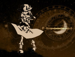 Rule 34 | 1girl, akakage red, boots, bow, brown background, brown theme, character name, clock, english text, female focus, ghostly field club, hat, hat bow, magic circle, magical astronomy, monochrome, necktie, red (artist), sky, solo, star (sky), starry sky, touhou, usami renko, wallpaper, zodiac