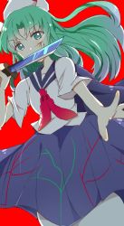 Rule 34 | 1girl, blue cape, blue sailor collar, blue skirt, cape, covering own mouth, ghost tail, green eyes, green hair, hat, highly responsive to prayers, highres, holding, holding knife, knife, long hair, mima (touhou), red background, red neckwear, sailor collar, shirt, short sleeves, skirt, smile, solo, touhou, touhou (pc-98), white hat, white shirt, zerokosan