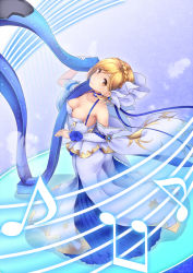 Rule 34 | ass, beamed quavers, bit (keikou syrup), blonde hair, braid, breasts, brown eyes, crown braid, detached sleeves, djeeta (granblue fantasy), dress, elysian (granblue fantasy), feathers, granblue fantasy, harp, instrument, looking at viewer, looking back, musical note, purple background, short hair, small breasts, smile, solo