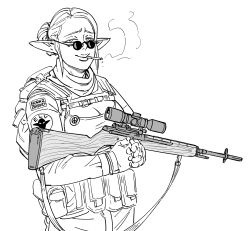 Rule 34 | absurdres, backpack, bag, battle rifle, bb (baalbuddy), breasts, cigarette, cleavage, cleavage cutout, clothing cutout, elf, greyscale, gun, hair bun, highres, holding, holding gun, holding weapon, looking at viewer, m14, military, military uniform, monochrome, original, patch, pointy ears, pouch, rifle, scope, smoking, uniform, unit patch, weapon