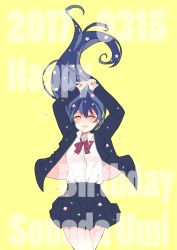 Rule 34 | 1girl, arms up, artist request, birthday, blazer, blue hair, bow, bowtie, character name, commentary request, cowboy shot, dated, dress shirt, hair between eyes, happy birthday, jacket, long hair, long sleeves, looking at viewer, love live!, love live! school idol project, lying, on back, open clothes, otonokizaka school uniform, red bow, red bowtie, school uniform, shirt, simple background, solo, sonoda umi, striped bow, striped bowtie, striped clothes, striped neckwear, white shirt, yellow background, yellow eyes