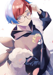 Rule 34 | 1girl, backpack, bag, black hoodie, blue hair, brown bag, commentary request, creatures (company), game freak, glasses, grey eyes, hachimitsu monte, hand in pocket, hand up, hood, hood down, hoodie, looking at viewer, multicolored hair, nintendo, parted lips, penny (pokemon), poke ball print, pokemon, pokemon sv, red hair, round eyewear, see-through, see-through skirt, short hair, shorts, shorts under skirt, skirt, solo, two-tone hair, white background