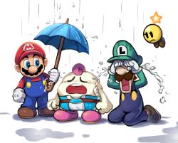 Rule 34 | 1other, 3boys, belt, blue eyes, blue overalls, blue pants, boots, brown belt, brown footwear, brown hair, closed eyes, crying, facial hair, full body, gloves, green headwear, green shirt, hat, highres, holding, holding umbrella, kneeling, looking at another, luigi, mallow (mario), mario, mario &amp; luigi rpg, mario (series), multiple boys, mustache, nintendo, open mouth, overalls, pants, pink footwear, pink hair, puddle, rain, red headwear, red shirt, shirt, short hair, simple background, starlow, streaming tears, striped clothes, striped pants, super mario rpg, tears, teeth, two-tone pants, umbrella, upper teeth only, white background, white pants, ya mari 6363