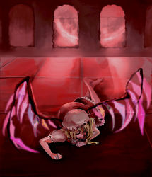 Rule 34 | 1girl, arch, barefoot, blonde hair, cis (carcharias), crystal, demon wings, dress, closed eyes, female focus, flandre scarlet, frills, full body, hat, lowres, lying, mob cap, on stomach, pillar, puffy short sleeves, puffy sleeves, red dress, red theme, short sleeves, solo, touhou, vampire, window, wings