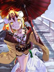 Rule 34 | 1girl, arenoyoni, bag, bare shoulders, birdge, blonde hair, claws, eating, fate/grand order, fate (series), female focus, highres, holding, holding umbrella, horns, ibaraki douji (fate), japanese clothes, kimono, legs, long hair, looking at viewer, monster girl, off shoulder, oil-paper umbrella, oni, oni horns, short kimono, snow, snowing, solo, tattoo, umbrella, wide sleeves, yellow eyes, yellow kimono