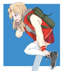 Rule 34 | 1girl, backpack, bag, black footwear, blonde hair, blue background, blue eyes, casual, commentary, converse, cross-laced footwear, girls und panzer, grey shirt, hair intakes, hood, hoodie, jacket, kay (girls und panzer), leaning forward, leg up, letterman jacket, long hair, long sleeves, miniskirt, mutsu (layergreen), open clothes, open jacket, open mouth, outside border, pleated skirt, red jacket, red skirt, shirt, shoes, skirt, smile, sneakers, solo, standing, standing on one leg, thighhighs, white thighhighs