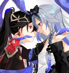 Rule 34 | black hair, black sleeves, braid, breasts, closed mouth, dual persona, earrings, flower, fu hua, fu hua (blood voivode), fu hua (herrscher of sentience), fu hua (shadow knight), fu hua (turn up the music!) (herrscher of sentience), grey hair, high ponytail, highres, honkai (series), honkai impact 3rd, jewelry, long hair, long sleeves, looking at another, multiple girls, official alternate costume, red eyes, red flower, red rose, rose, sho 2nini, simple background, small breasts, smile, tentacles, upper body, white background
