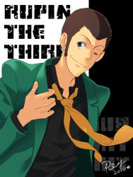Rule 34 | 1boy, arsene lupin iii, bad deviantart id, bad id, black hair, character name, copyright name, english text, engrish text, formal, green jacket, jacket, looking at viewer, lowres, lupin iii, male focus, necktie, one eye closed, ranguage, shin&#039;ya (midnight rain), sideburns, smile, solo, suit, tms entertainment, upper body, wink, yellow necktie