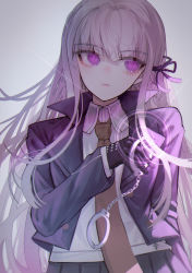Rule 34 | 1girl, absurdres, arm at side, black gloves, blunt bangs, braid, brown necktie, closed mouth, collared shirt, cuffs, danganronpa: trigger happy havoc, danganronpa (series), gloves, gradient background, grey background, grey hair, hair ribbon, hand up, handcuffs, highres, holding, holding handcuffs, jacket, kirigiri kyoko, long hair, long sleeves, necktie, open clothes, open jacket, pleated skirt, purple eyes, ribbon, shirt, side braid, sideways glance, skirt, solo, wny (wnys art)