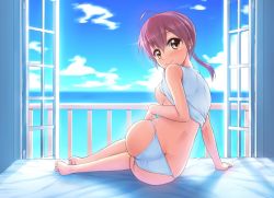 Rule 34 | 1girl, ahoge, arm support, ass, back, bare legs, barefoot, bed, bed sheet, bloom, blue sky, blush, breasts, breasts out, brown hair, butt crack, clothes lift, cloud, day, from behind, horizon, indoors, leaning to the side, looking at viewer, looking back, medium breasts, nipples, no bra, no pants, ocean, on bed, open window, original, panties, railing, shirt, shirt lift, short hair with long locks, sideboob, sitting, sky, smile, soles, solo, sweater vest, takuya kame, toes, underwear, white panties, white shirt, window, yellow eyes