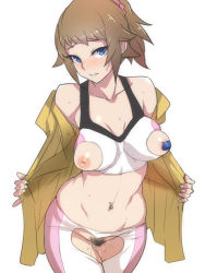 Rule 34 | 10s, 1girl, bad id, bad pixiv id, ban! (bansankan), bike shorts, blue eyes, breasts, brown hair, censored, crotchless, crotchless pants, female pubic hair, gundam, gundam build fighters, gundam build fighters try, hoshino fumina, inverted nipples, jacket, large breasts, looking at viewer, midriff, navel, navel piercing, nippleless clothes, nipples, open clothes, open jacket, pants, pasties, piercing, ponytail, pubic hair, pussy juice, solo, sports bra, sweat, tank top, thigh gap, torn clothes, torn sports bra