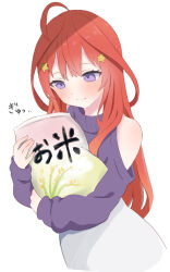 Rule 34 | 1girl, ahoge, akino ell, bare shoulders, blush, closed mouth, clothing cutout, go-toubun no hanayome, hair ornament, highres, hugging object, long hair, long sleeves, nakano itsuki, puffy long sleeves, puffy sleeves, purple eyes, purple sweater, red hair, shoulder cutout, simple background, skirt, sleeves past wrists, smile, solo, star (symbol), star hair ornament, sweater, translation request, turtleneck, turtleneck sweater, very long hair, white background, white skirt