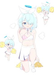 Rule 34 | 1girl, absurdres, arona (blue archive), bare shoulders, blue archive, blue eyes, blue hair, blush, braid, cheerleader, chibi, cosplay, crop top, flat chest, hagoonha, hair over one eye, hairband, halo, highres, holding, holding pom poms, looking at viewer, midriff, millennium cheerleader outfit (blue archive), multicolored hair, multiple views, navel, open mouth, pink hair, pom pom (cheerleading), pom poms, short hair, skirt, sweat, sweatdrop, white background, white hairband