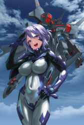Rule 34 | 1girl, :d, armored bodysuit, blue bodysuit, blue eyes, bodysuit, breasts, character request, cloud, cloudy sky, commentary request, commission, covered erect nipples, covered navel, fortified suit, hand on own hip, headgear, highres, impossible bodysuit, impossible clothes, kurione (zassou), large breasts, looking at viewer, mecha, muv-luv, muv-luv alternative, open mouth, purple hair, robot, salute, shiny clothes, skeb commission, sky, smile, solo, teeth, upper teeth only